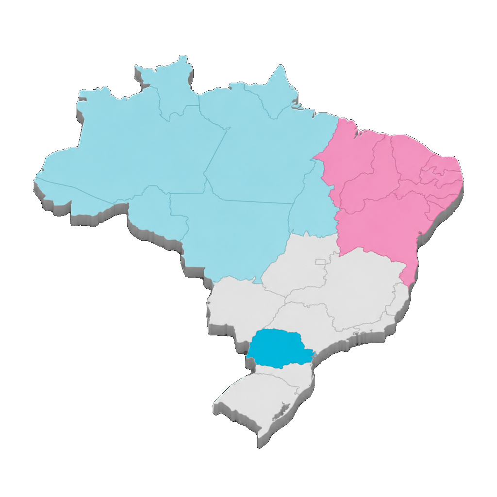 Mapa do Brasil com Paraná, Norte e Nordeste em destaque
